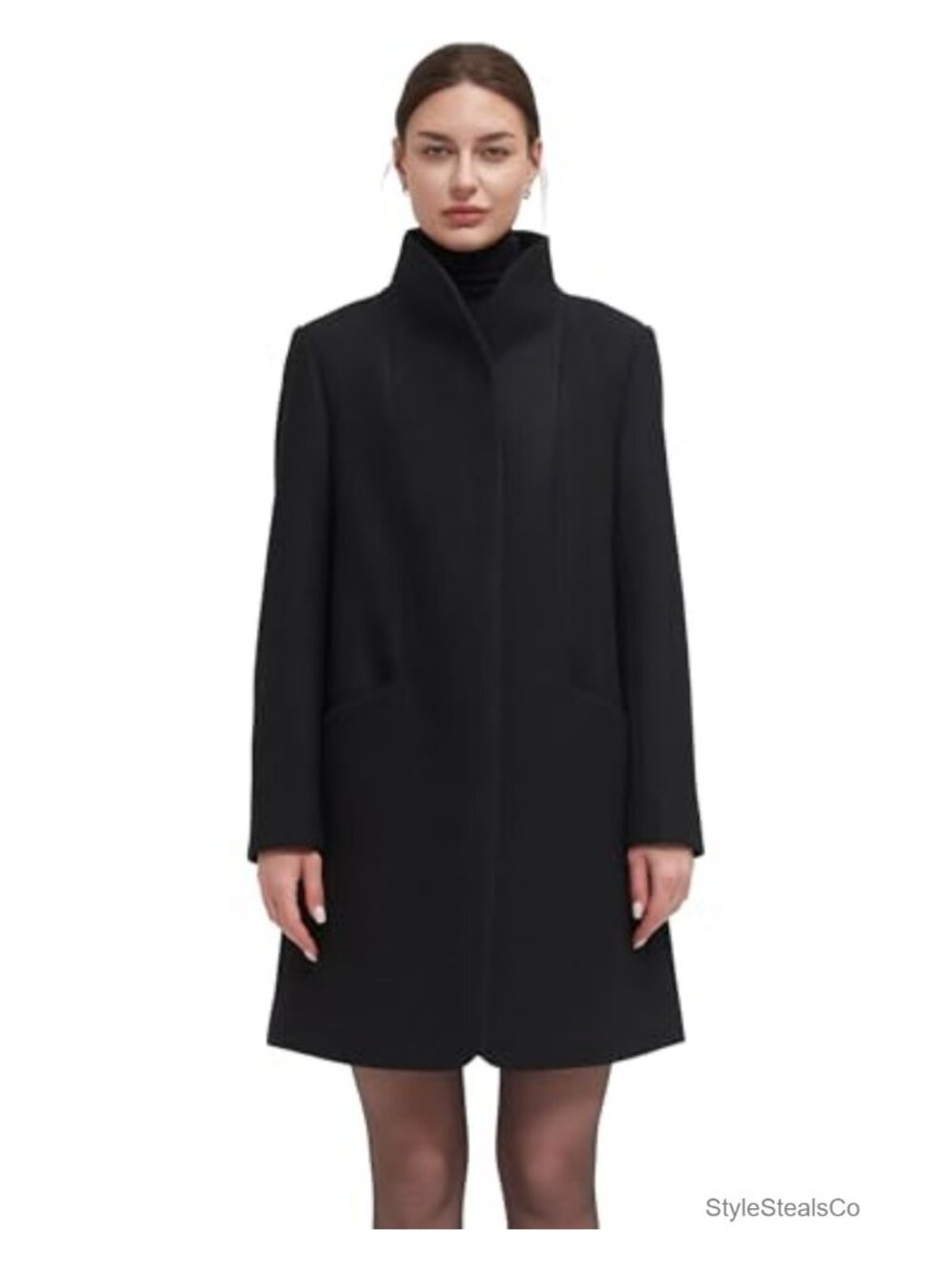 Warm Mid-Length Trench Coat, Stand Collar, Hidden Button Overcoat, S-XL